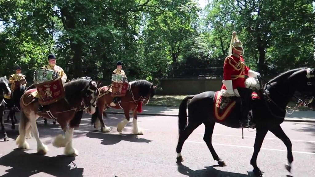 Mounted Household Cavalry musicians in ceremonial dress during Trooping the Colour 2018