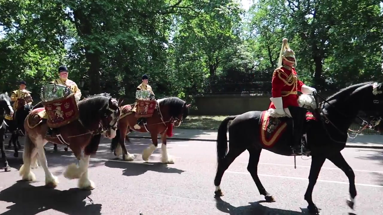 Mounted Household Cavalry musicians in ceremonial dress during Trooping the Colour 2018