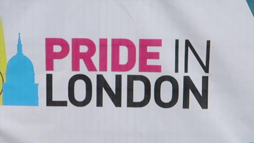 Pride in London sign beside the Trafalgar Square celebrations in July 2018