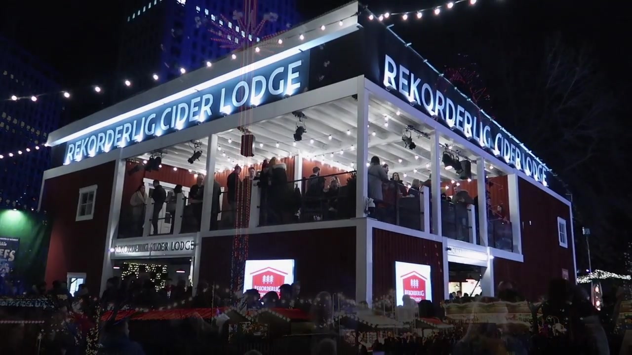 The two-storey Rekorderlig Lodge at the South Bank Christmas market in 2018.