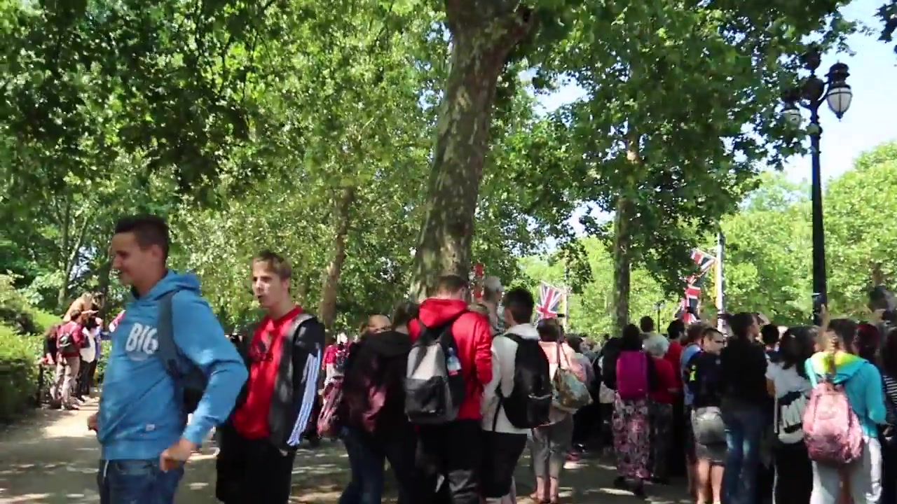 Spectators gathering beneath the trees in St James’s Park for Trooping the Colour 2018