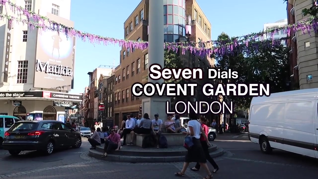 Seven Dials junction in Covent Garden decorated for summer in 2018