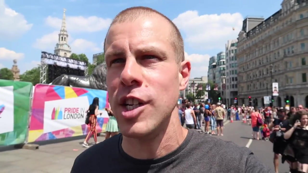 Barry Roberts reporting from Pride in London near Trafalgar Square in 2018