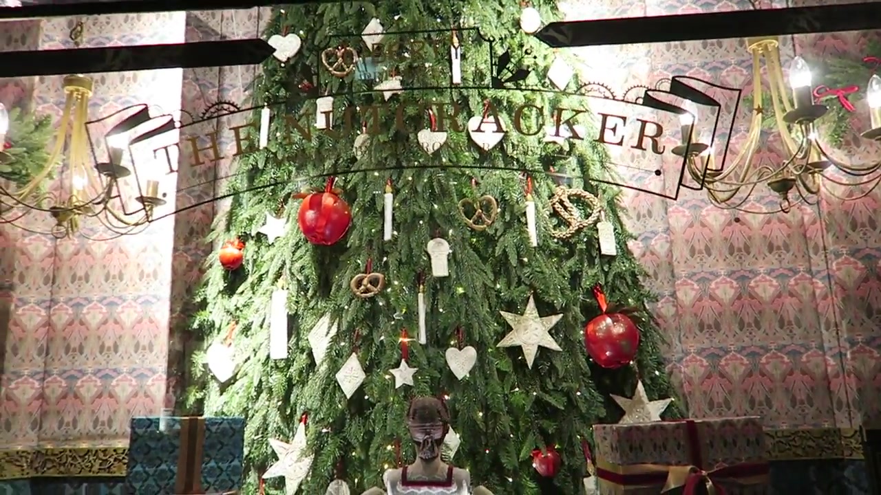 Decorated Christmas tree and presents in Liberty London’s 2016 Nutcracker window display