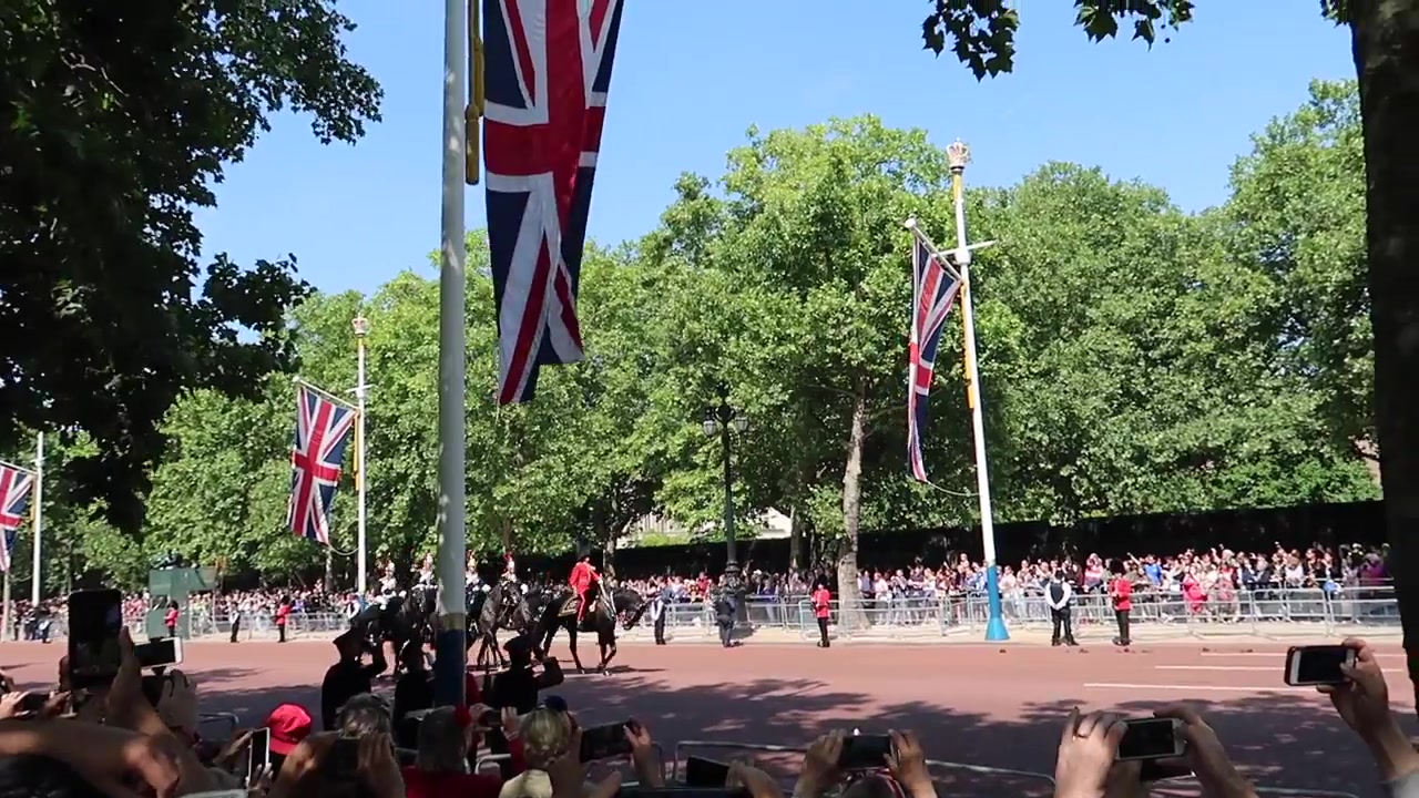 Mounted ceremonial procession travelling along The Mall during Trooping the Colour 2018
