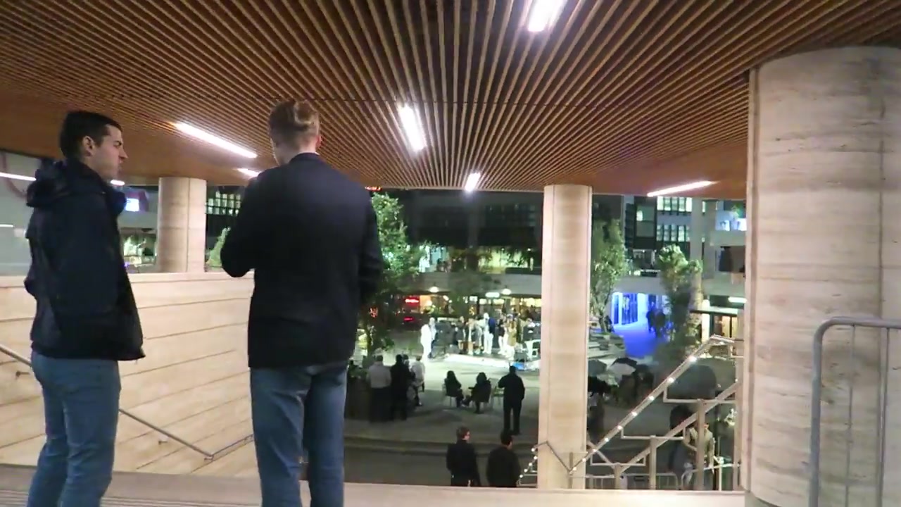 Elevated view across Broadgate Circle and its winter ice rink at night