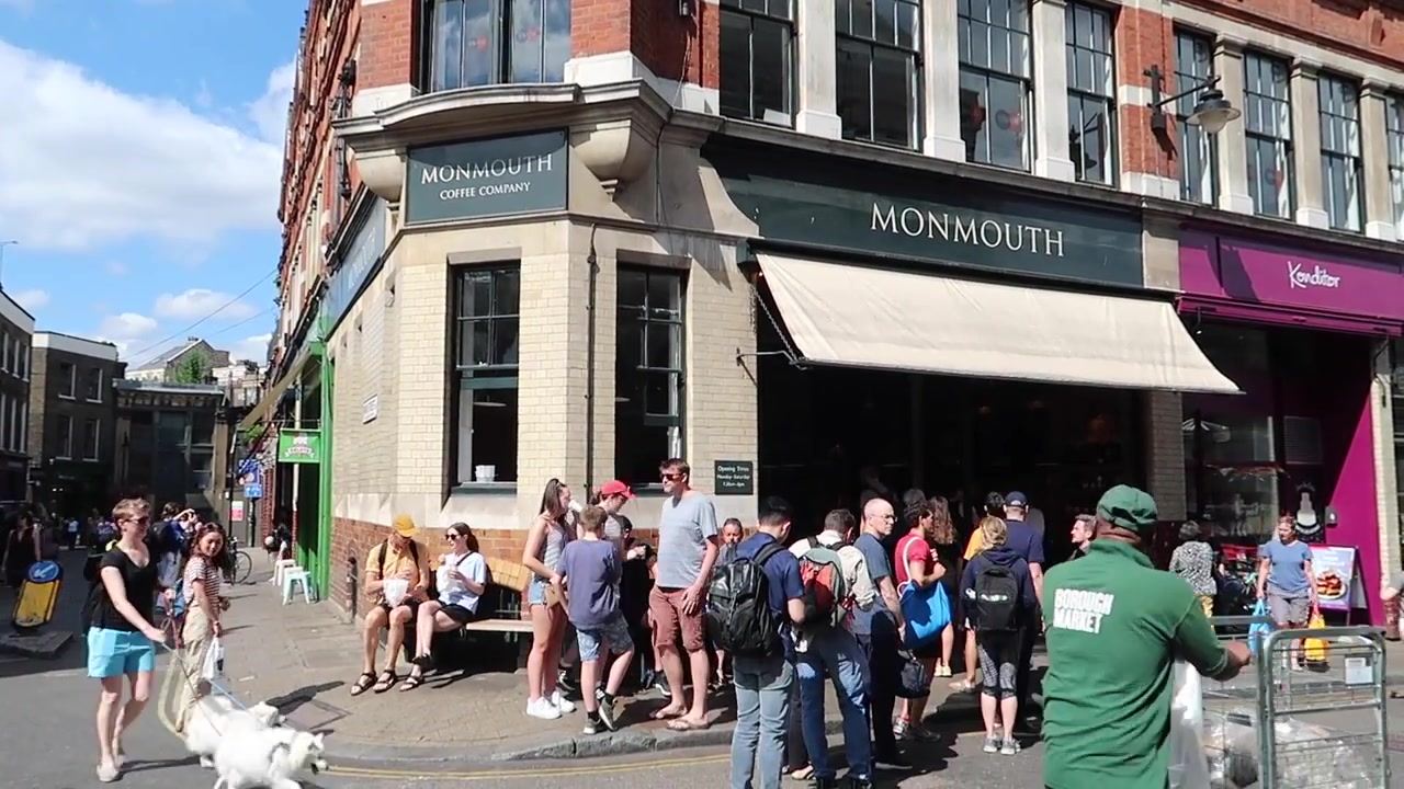 The queue outside Monmouth Coffee on the corner of the market.