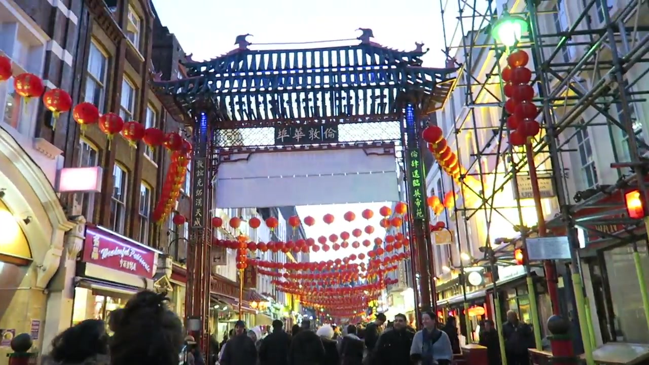 Street scene in Newport Place beneath Chinese New Year lanterns