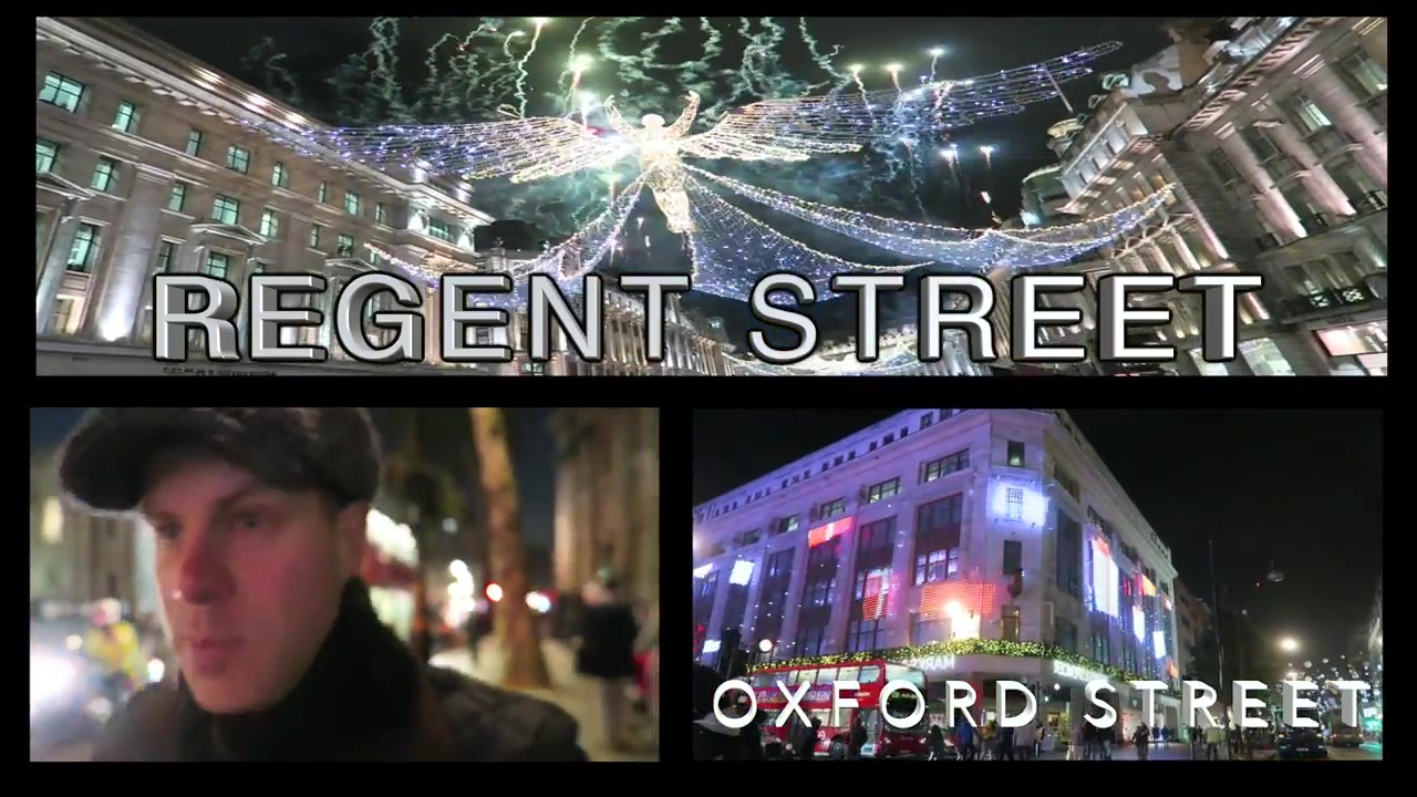 Oxford Street sign and Christmas lights during a night walk in London in 2016