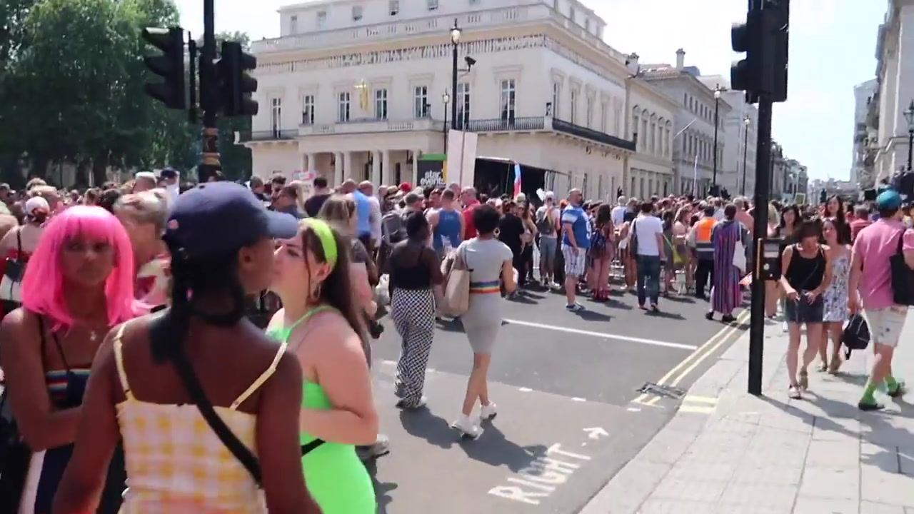 Pride in London attendees walking near Trafalgar Square during the 2018 event