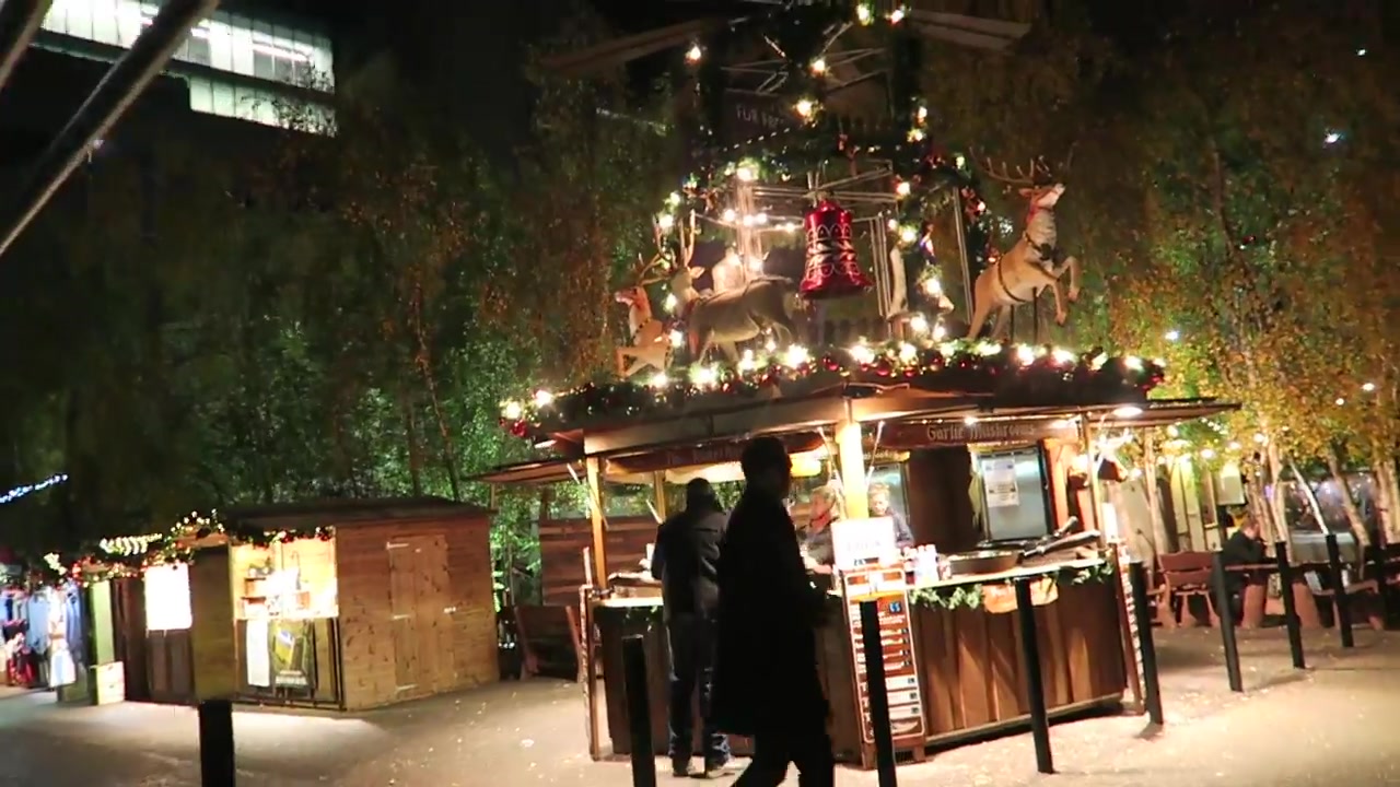 Festively decorated wooden market stall at the Southbank Christmas market in London in 2016
