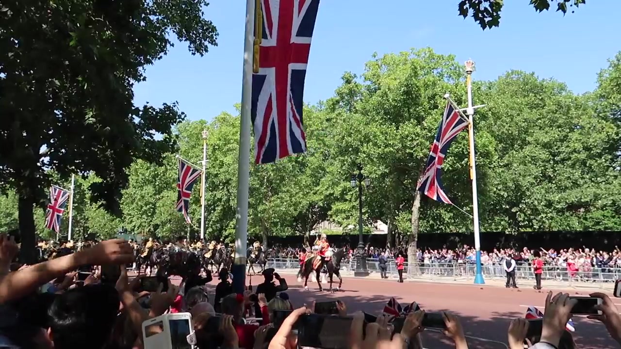 Ceremonial troops marching along The Mall during the Queen’s Birthday Parade in 2018