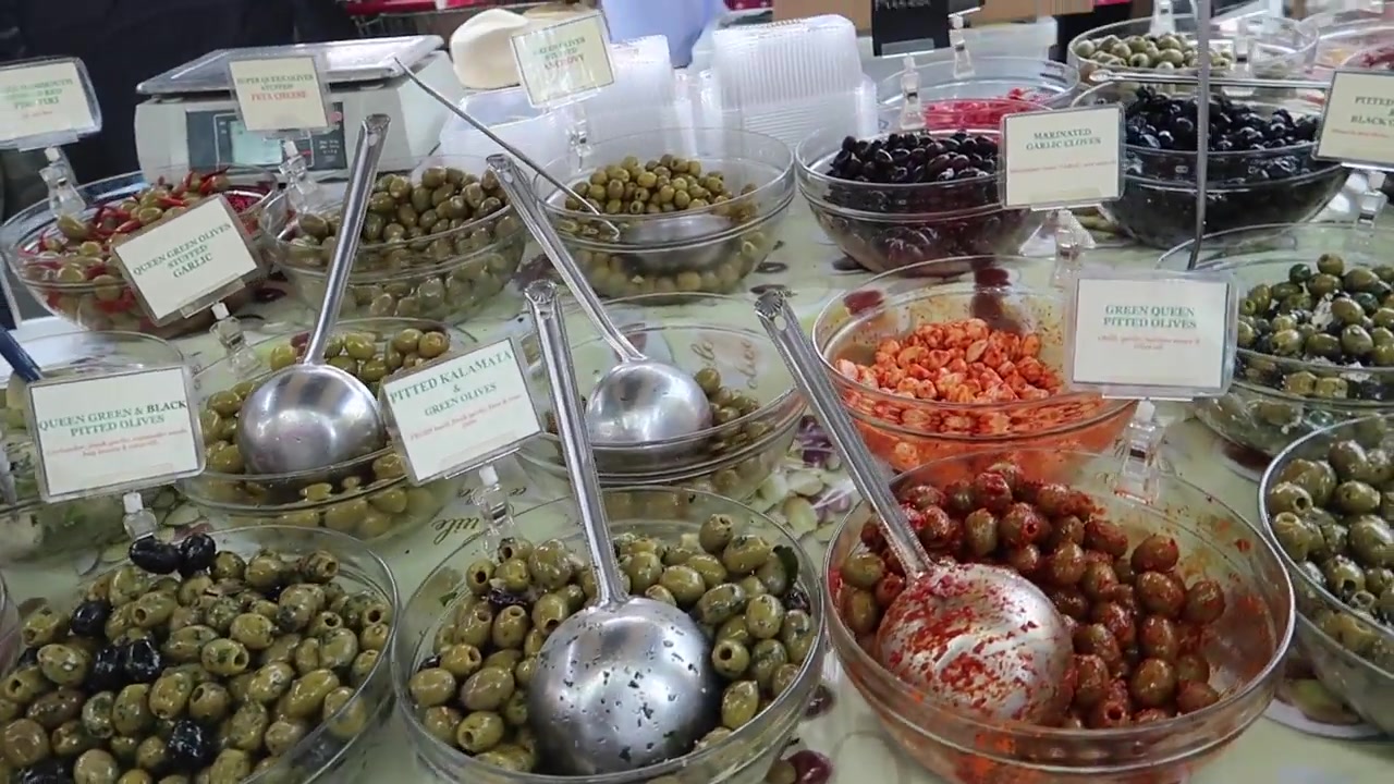 Bowls of marinated olives at Duke of York Square Food Market