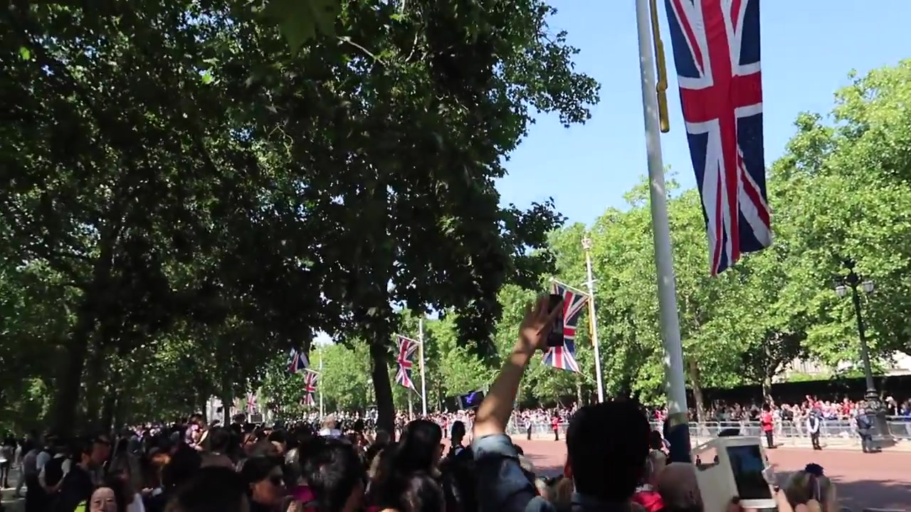 Crowds holding up phones beneath Union flags on The Mall during Trooping the Colour 2018