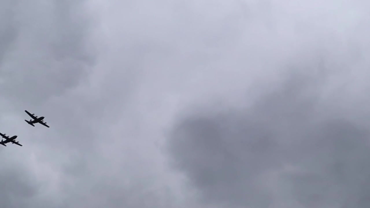 RAF aircraft passing over central London during the RAF100 flypast