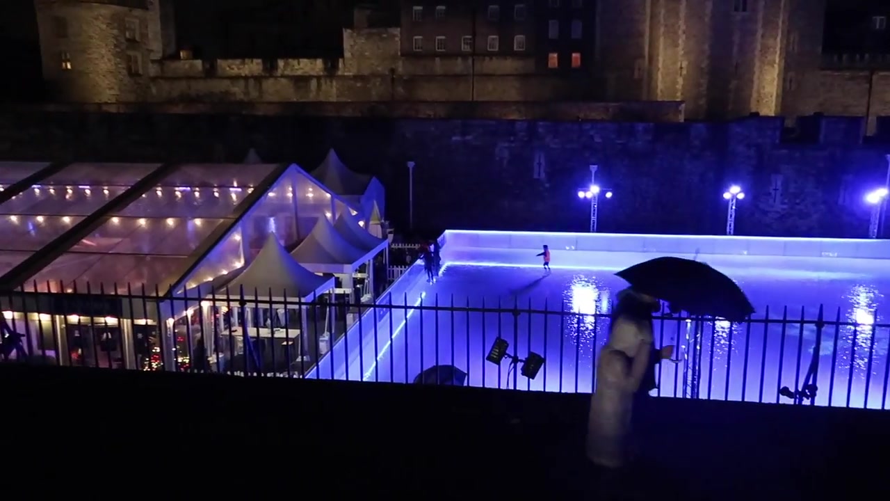 The rink and adjoining bar beneath the Tower of London walls.