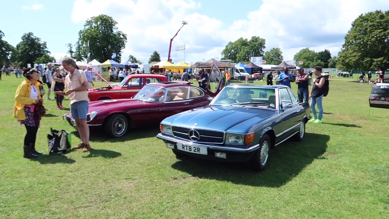 Classic cars displayed on the grass at Brockwell Park.