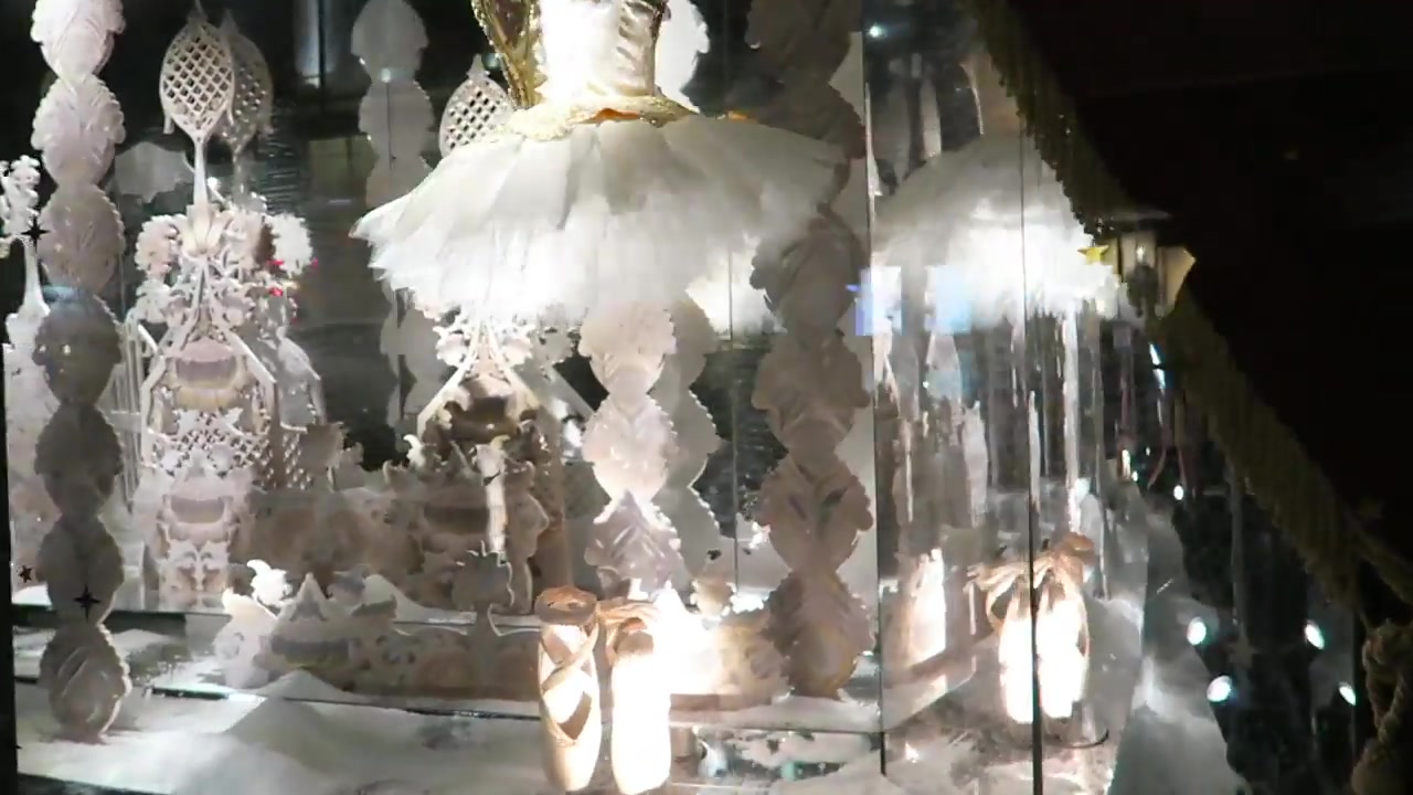Carved ballerina figures in white tutus inside Liberty London’s 2016 Nutcracker window