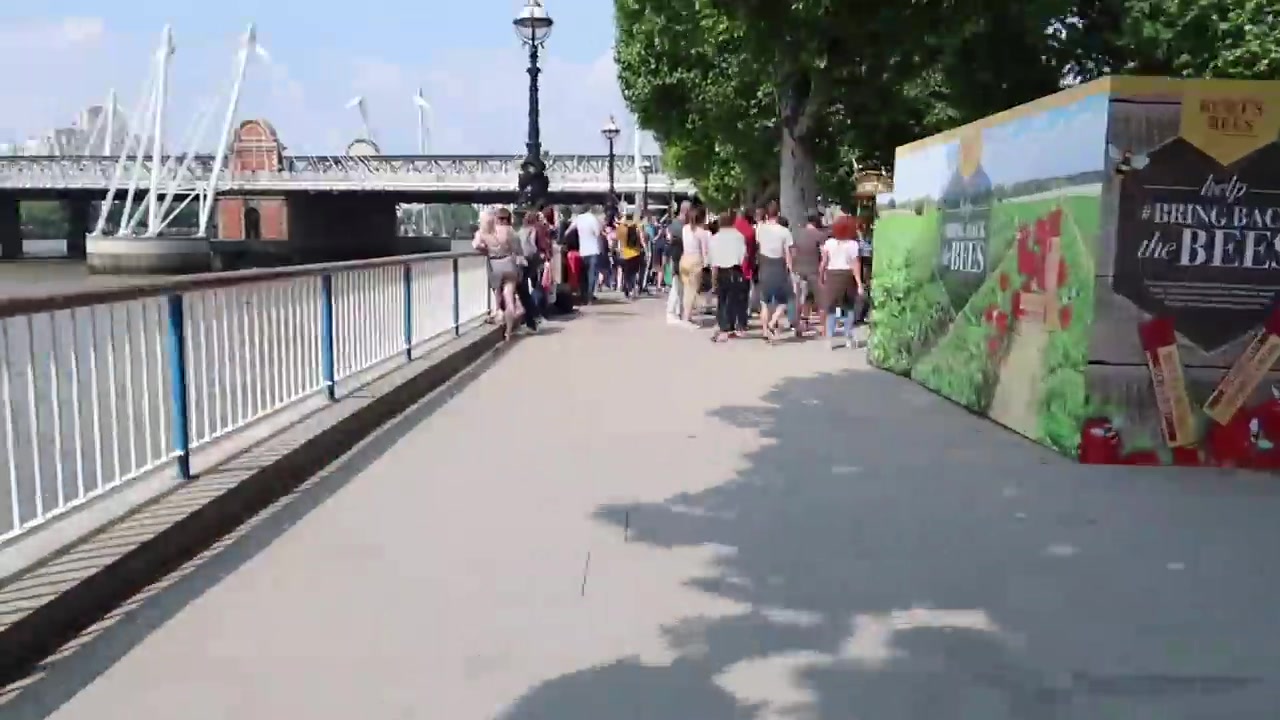 Pedestrians walking beside the River Thames towards the Southbank Centre in summer