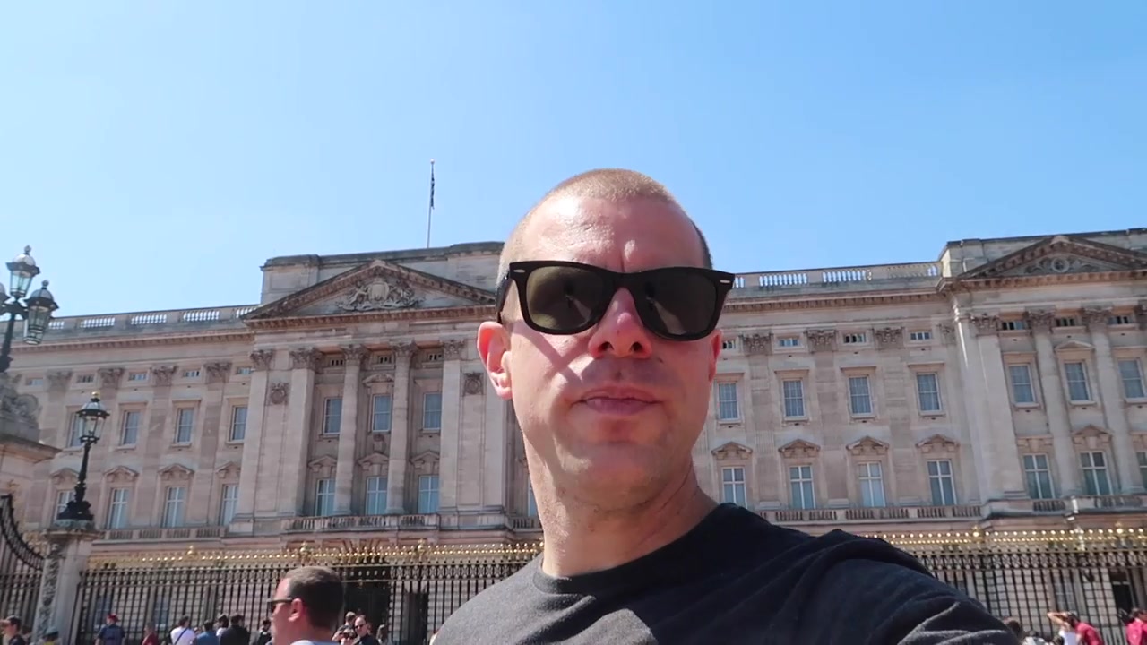 Union Jack royal wedding souvenir outside Buckingham Palace in 2018