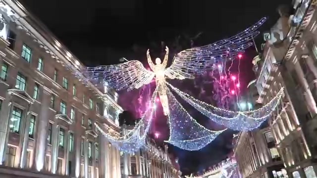 Large illuminated Spirit of Christmas angel suspended above Regent Street in 2016