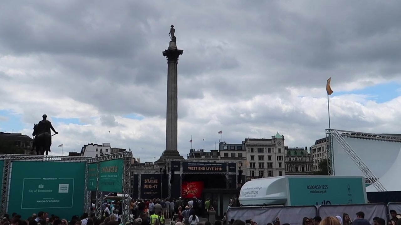 West End LIVE stage and audience beneath Nelson’s Column under cloudy summer skies