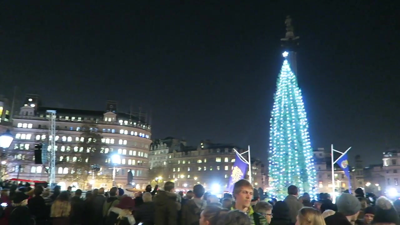 The illuminated Norwegian Christmas tree above the crowd in Trafalgar Square in 2016