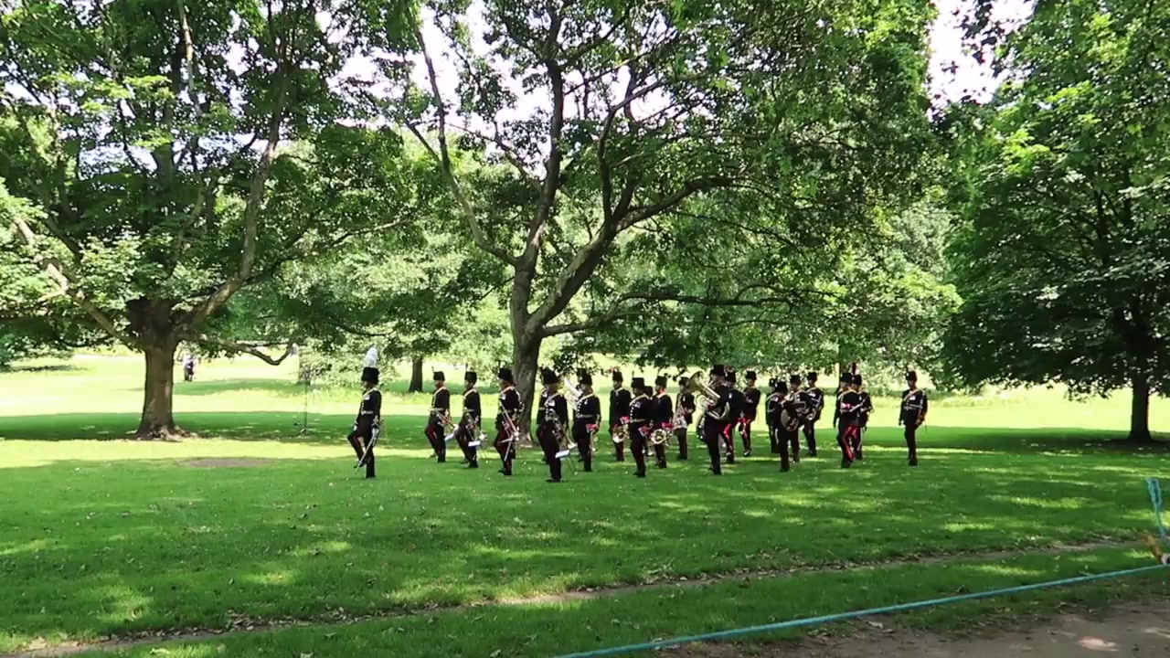 Foot Guards marching in formation across St James’s Park after Trooping the Colour 2018
