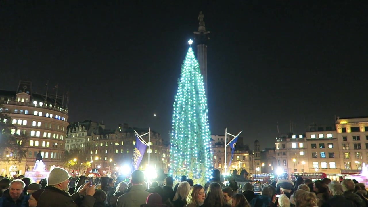 Crowd watching the illuminated Christmas tree in Trafalgar Square in December 2016