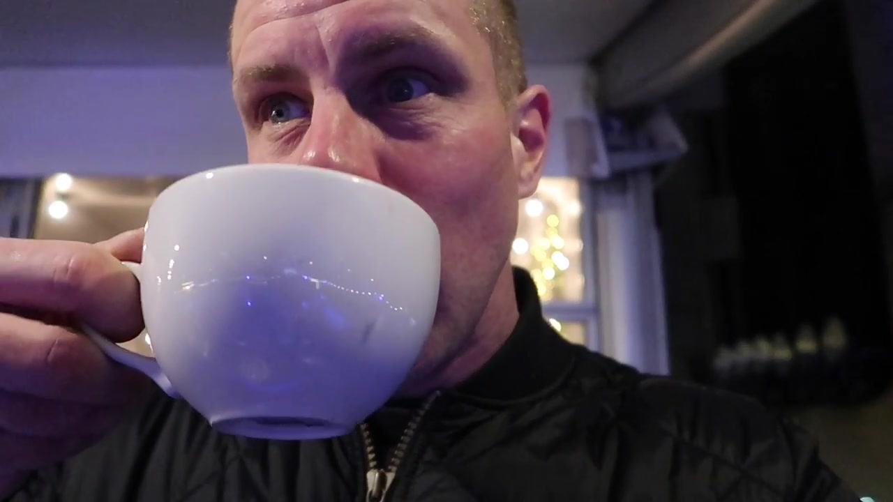 Barry Roberts taking a break with a warm drink.