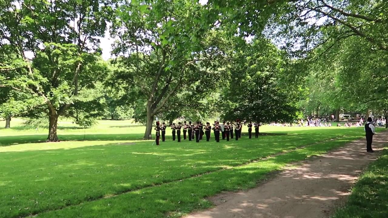Guards standing in formation on the grass in St James’s Park during Trooping the Colour
