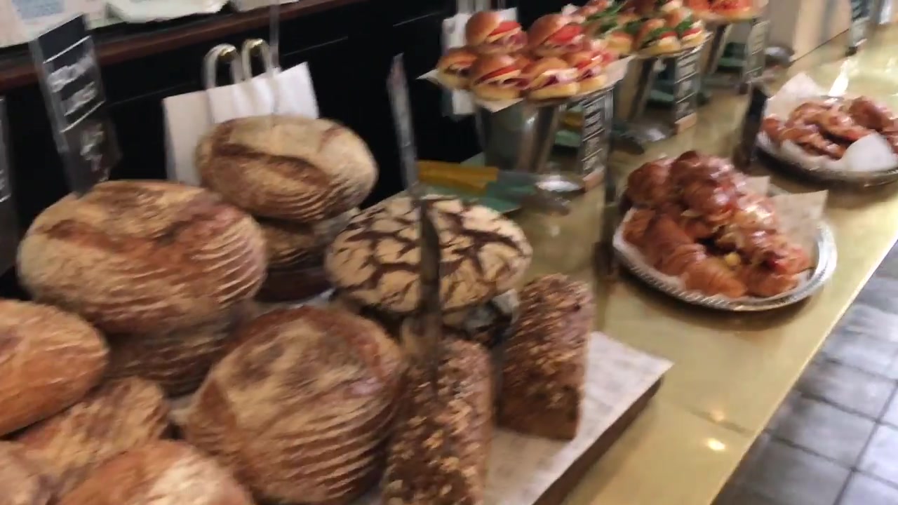 Trays of pastries and baked goods in a London bakery
