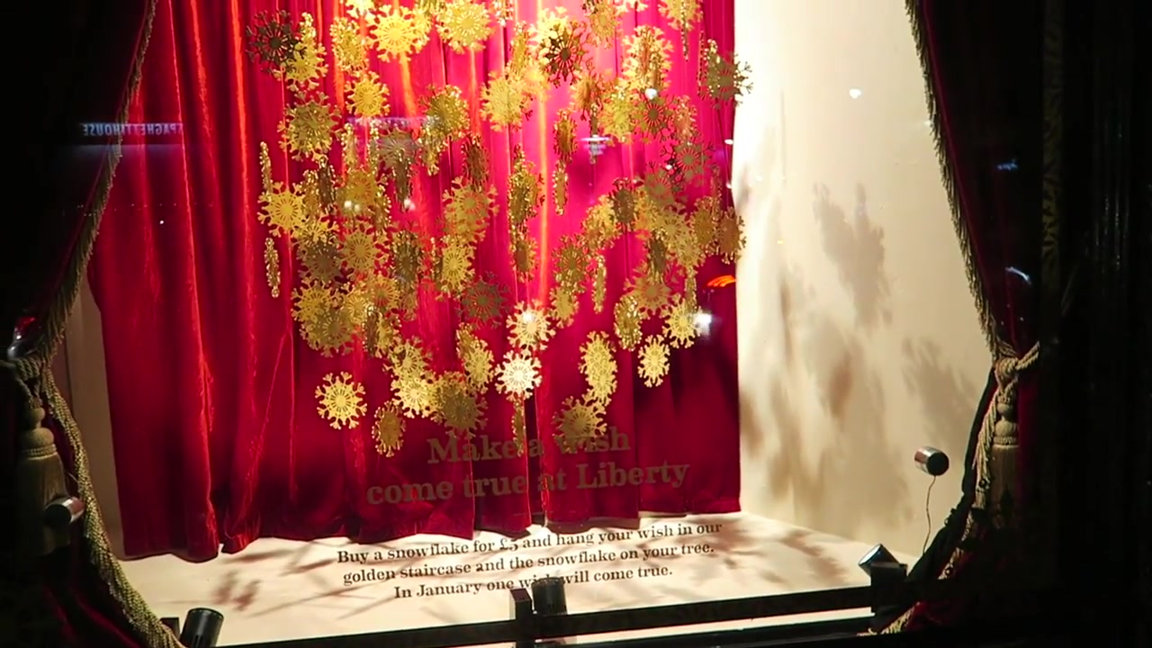 Red velvet curtain and gold decorations in Liberty London’s 2016 ballet Christmas window