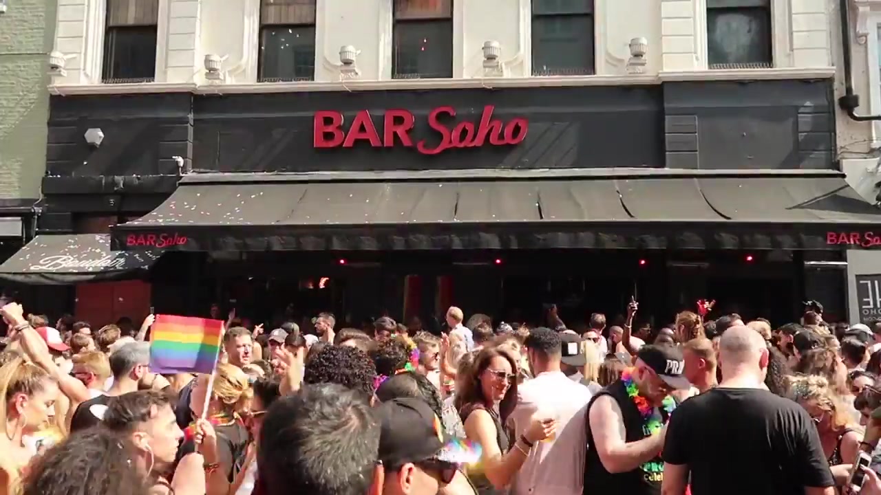 Pride in London crowd gathered outside Bar Soho on Old Compton Street