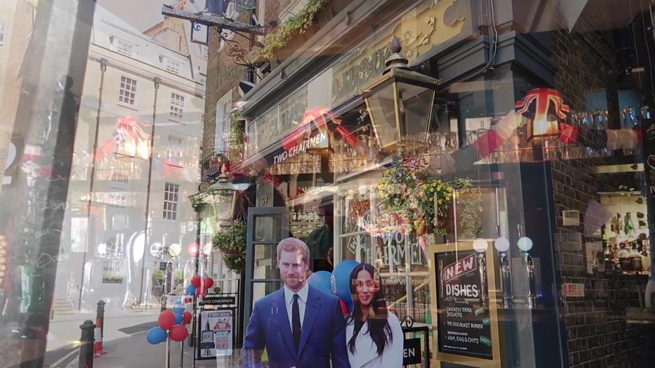 The Two Chairmen pub decorated for the royal wedding in Westminster