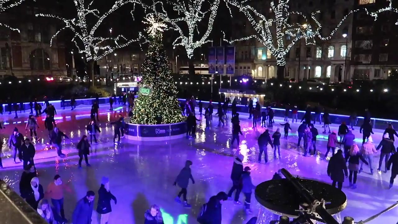 Skaters and illuminated trees at the Natural History Museum ice rink.