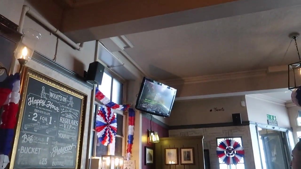 Union Jack bunting decorating The Two Chairmen pub for the royal wedding