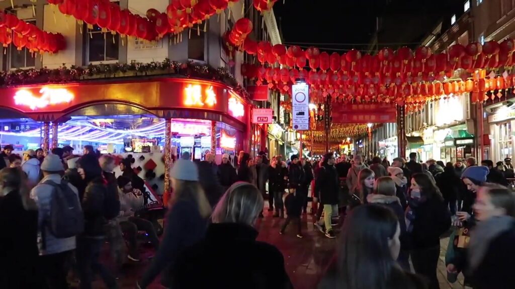 Chinese New Year lanterns illuminating Gerrard Street in London Chinatown