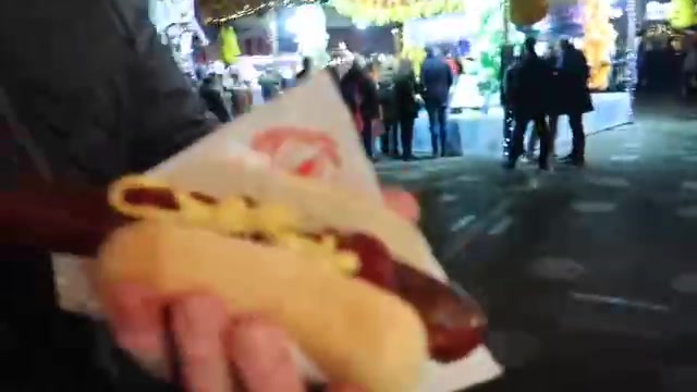 A bratwurst with ketchup and mustard at Winter Wonderland.