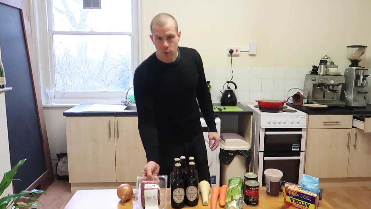 Barry introduces the beef, vegetables, Guinness and stock.