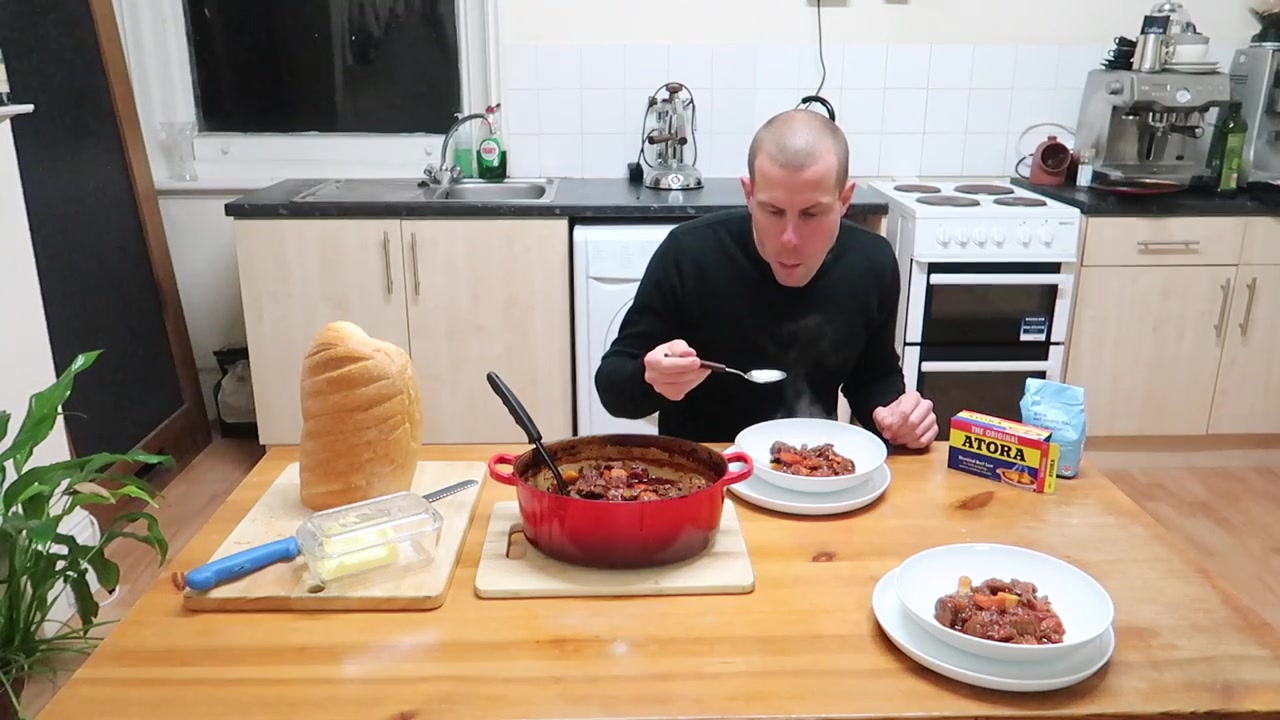 Back home with the stew, bread and butter.