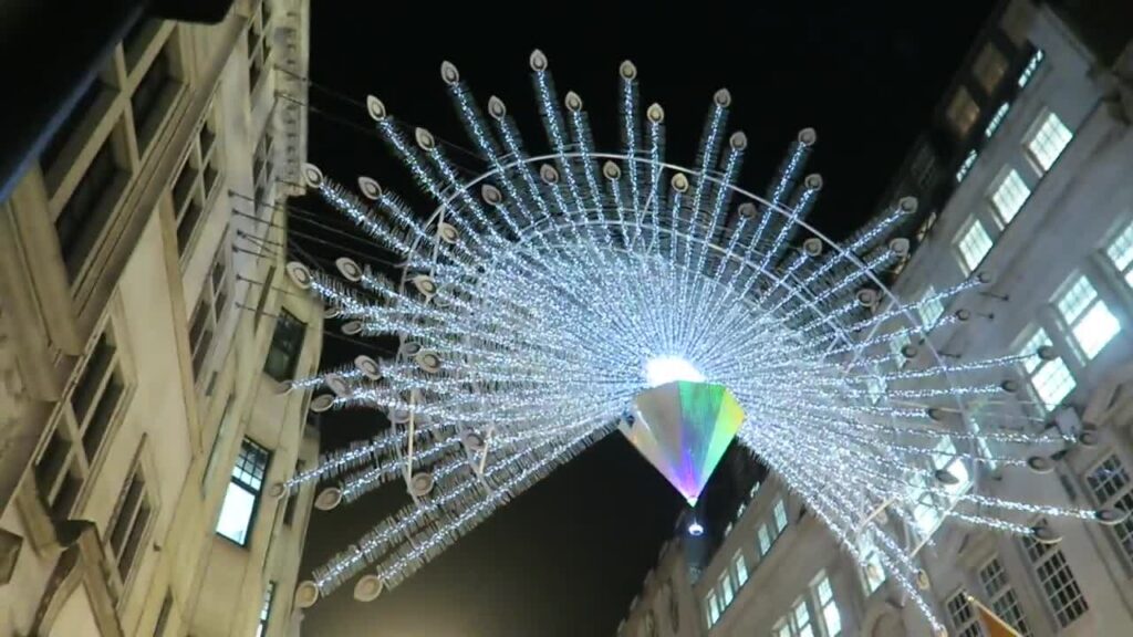 Fan-shaped Christmas lights with a coloured centre above Old Bond Street in 2016
