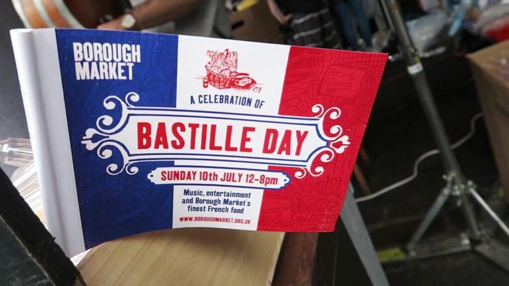 Bastille Day festival sign at Borough Market advertising Sunday 10 July 2016