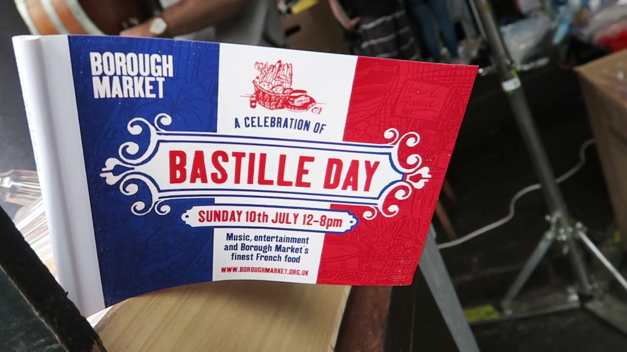 Bastille Day festival sign at Borough Market advertising Sunday 10 July 2016