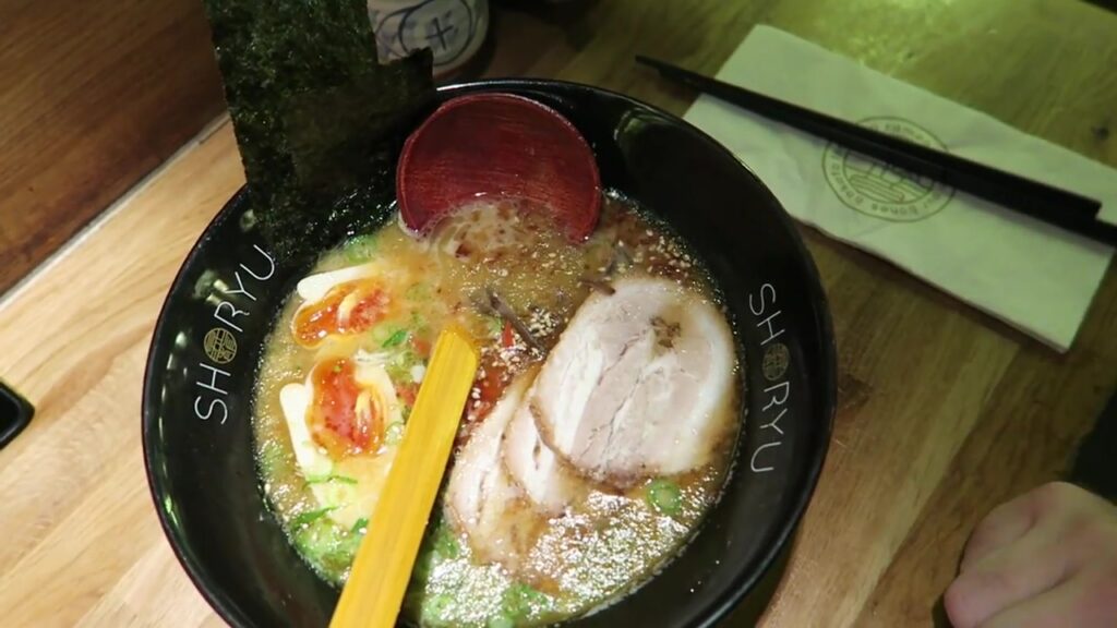 Shoryu ramen with pork belly, egg and noodles in broth