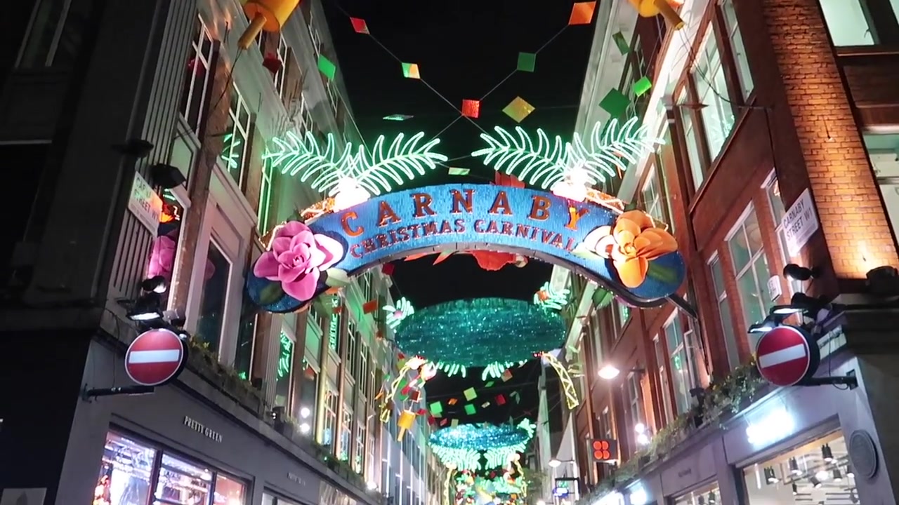 The Carnaby Christmas Carnival arch framed by illuminated palms and flowers.