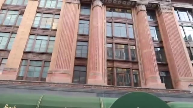 Tall columns and decorative stonework on the Harrods building