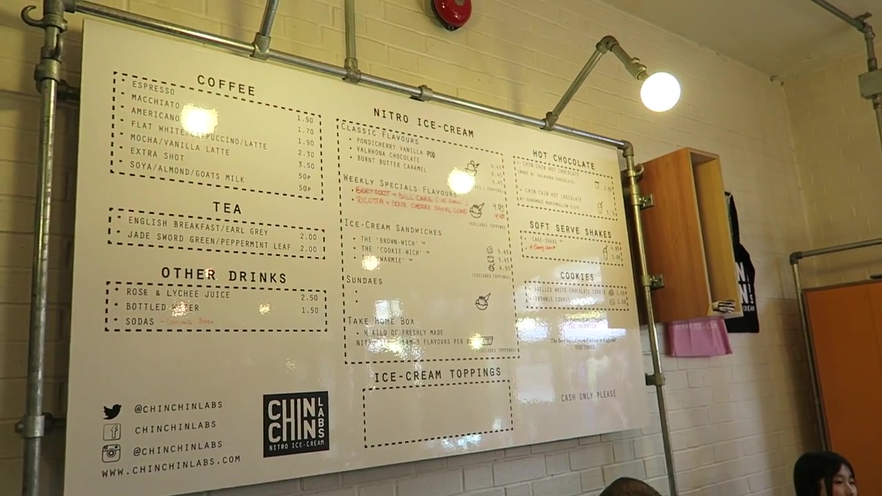 Wall menu and hanging lights inside Chin Chin Labs in 2016