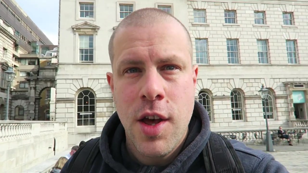 Robert filming in the Somerset House courtyard after buying a takeaway coffee