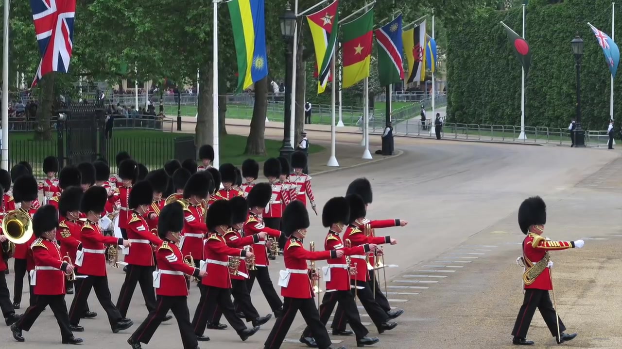 Marching musicians passing a row of national flags at Horse Guards Parade